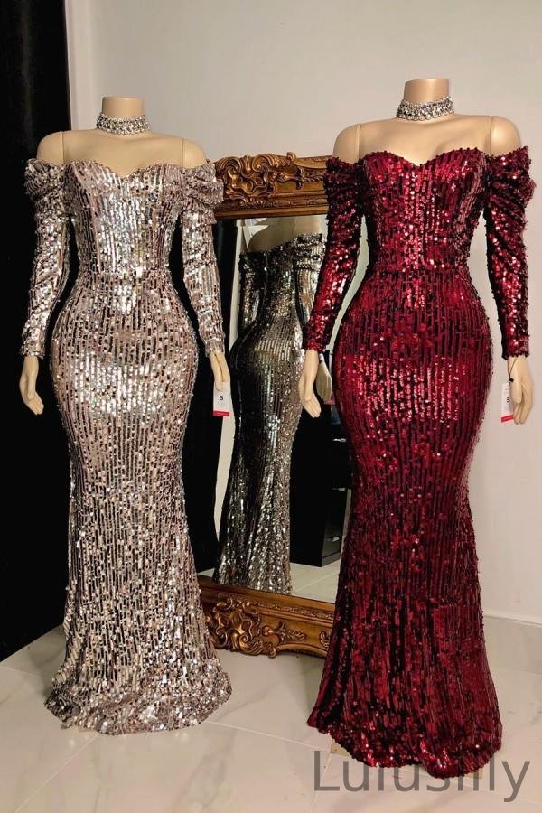 Off-the-Shoulder Long Sleeves Sequins Prom Dress Mermaid Long Evening Gowns - lulusllly