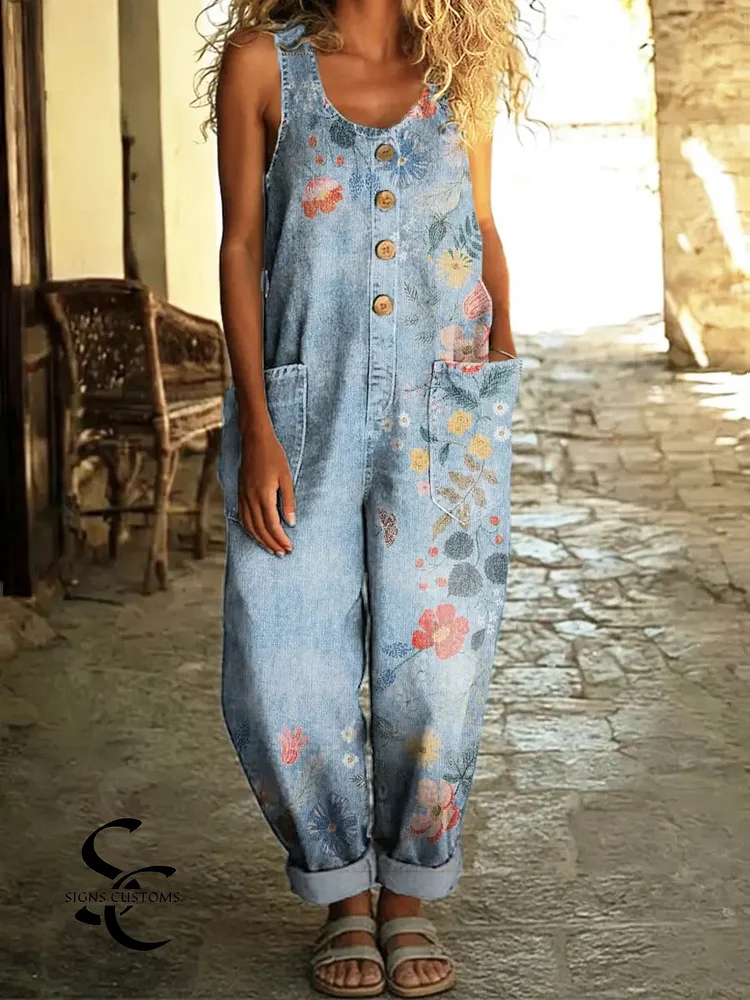 Women's Vintage Floral Pattern Art Print Casual Cotton Denim Jumpsuit