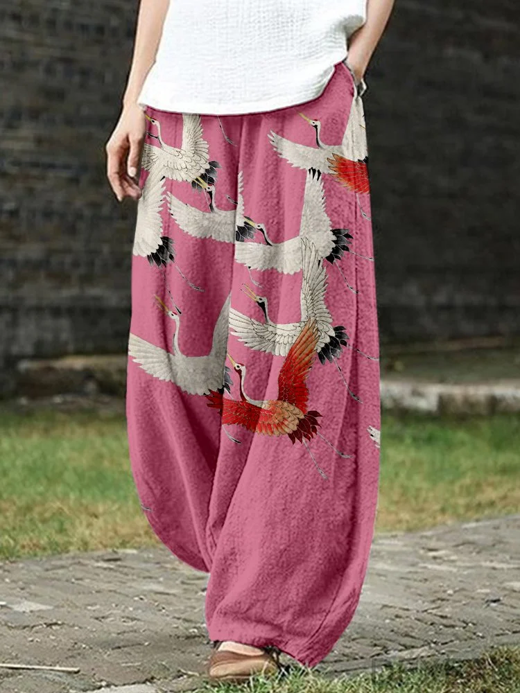Flock of Japanese Red Crowned Cranes Linen Blend Casual Pants
