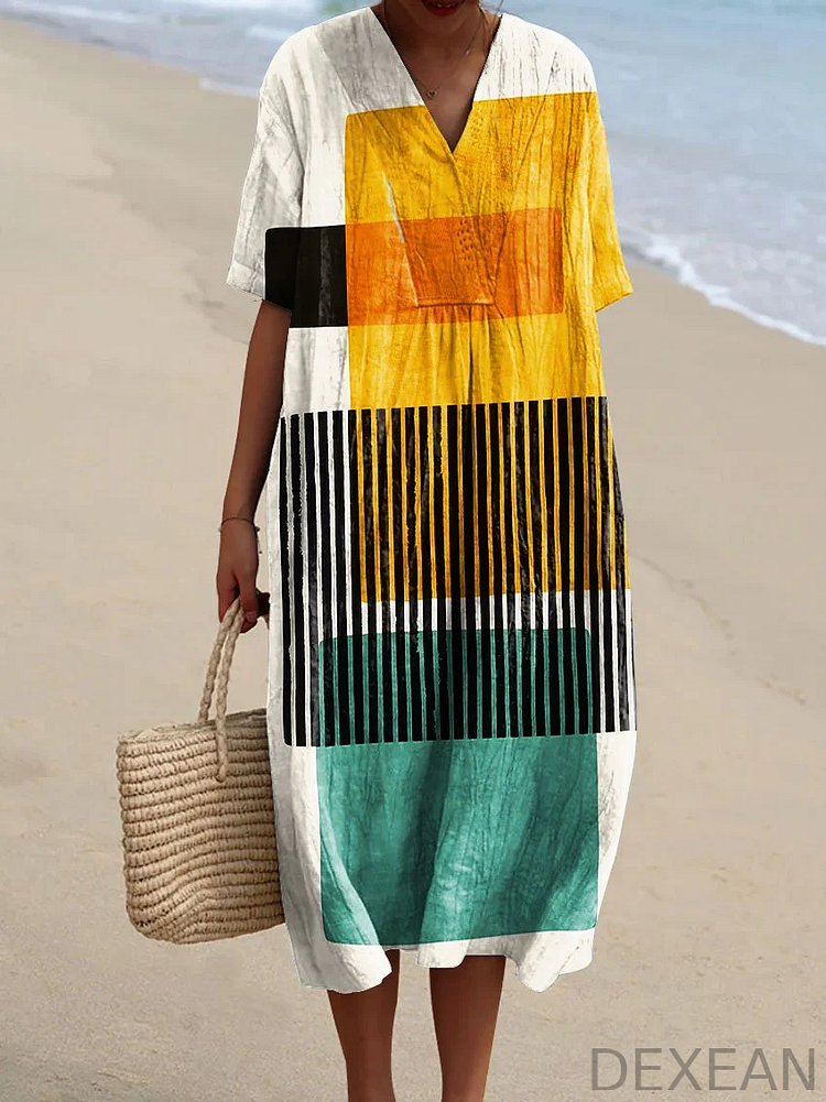 Women's Abstract Vibrant Bold Fun Colorful Geometric Stripes Art Print Flowy Dress