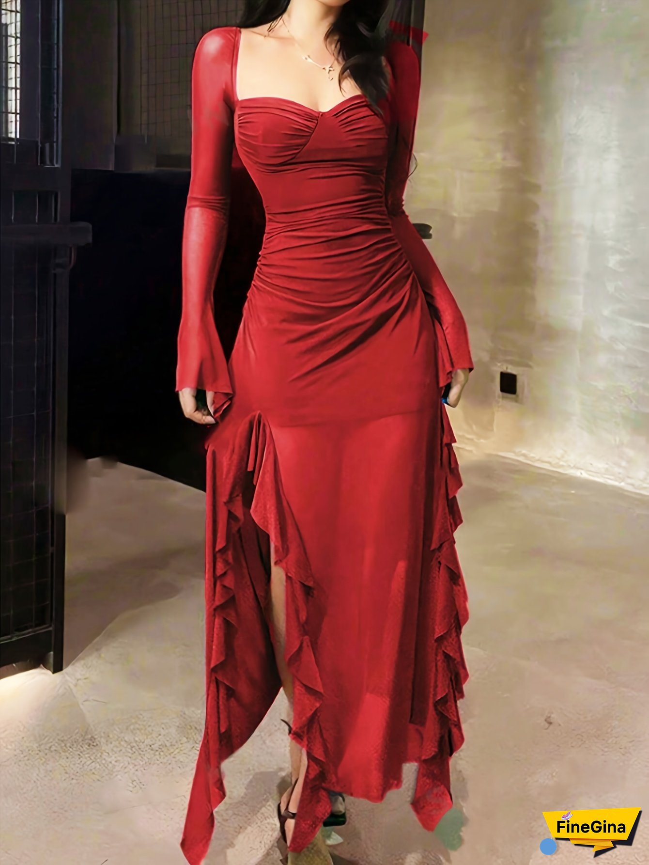 Women's Sexy Backless Ruffle Hem Long Sleeve Dress - High Slit Asymmetrical Neckline, Stretchy Polyester-Spandex Blend, Solid Color Machine Washable All-Season Party & Casual Dress