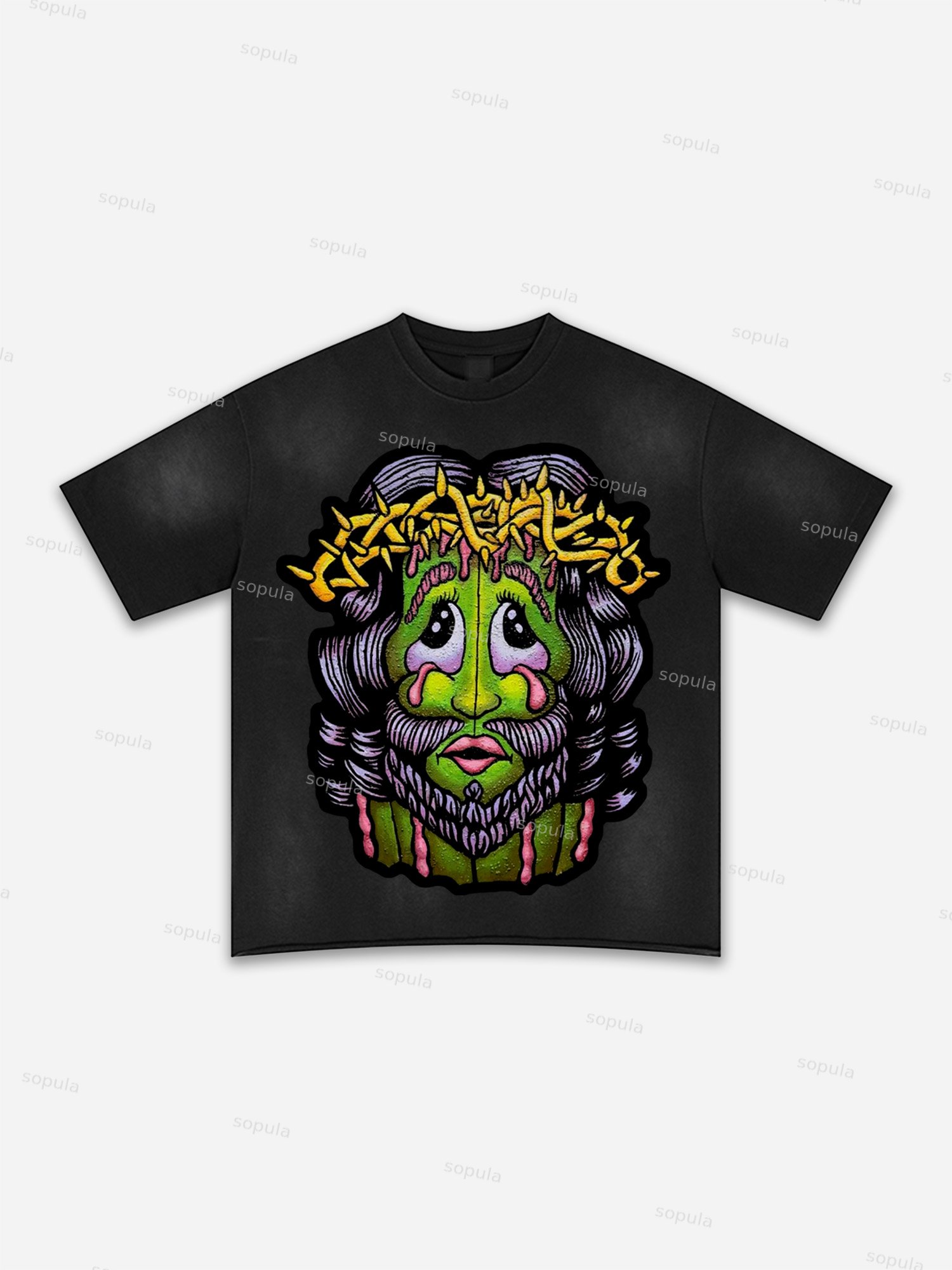 Cartoon Jesus Portrait Vintage Graphic Washed T-shirt