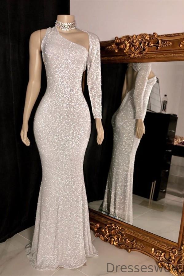 Dresseswow Sequins One Shoulder Mermaid Prom Dress Long Sleeves
