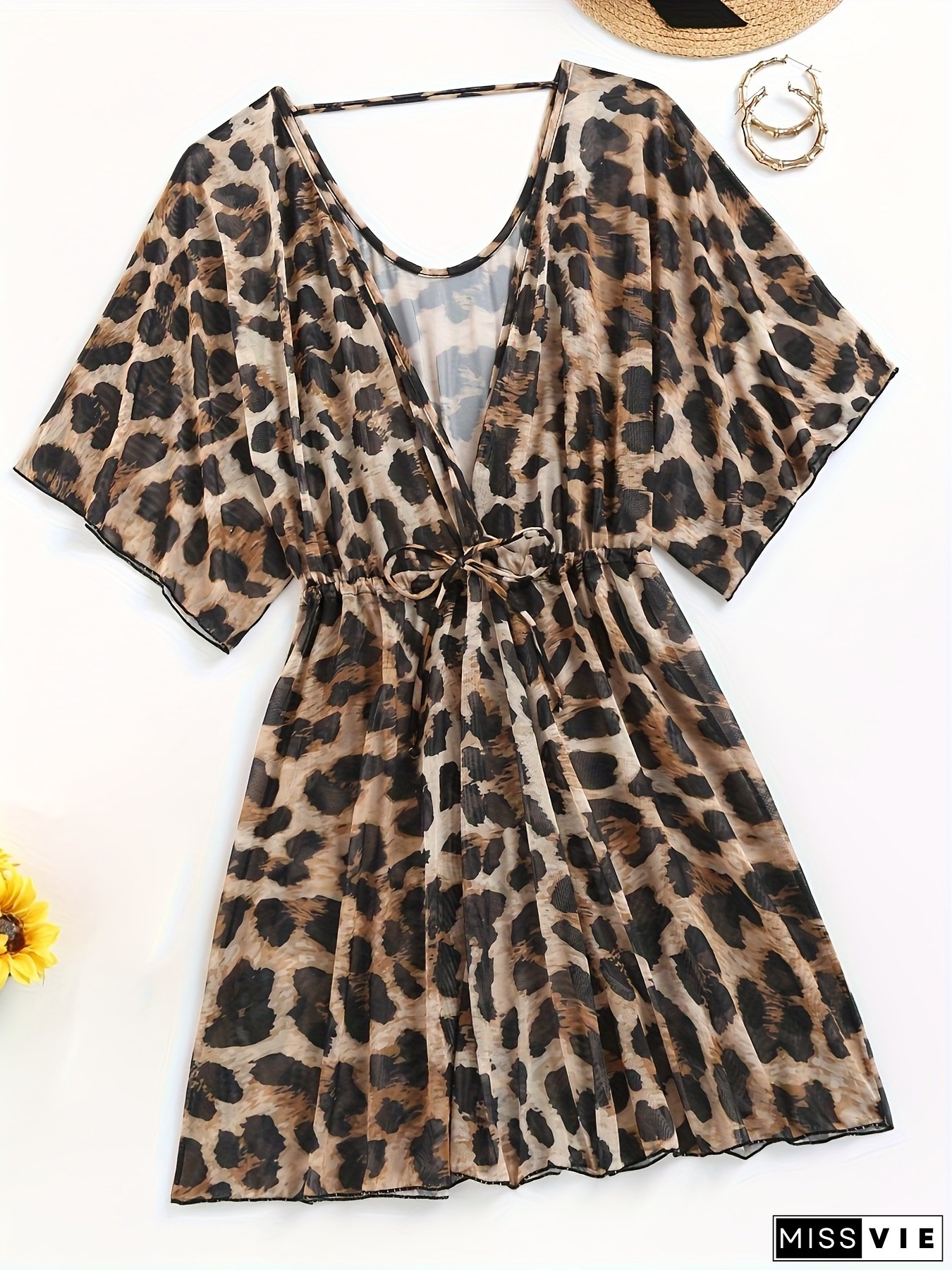 Zaful Women's Leopard Print Vacation Deep V Thin Short Stretch Waist Tie Sexy Sunscreen Cover Shirt