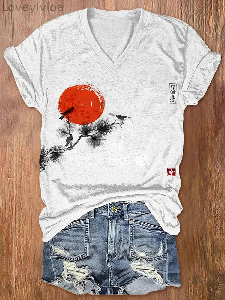 Women's Bird Sunrise Japanese Art Print Casual T-Shirt