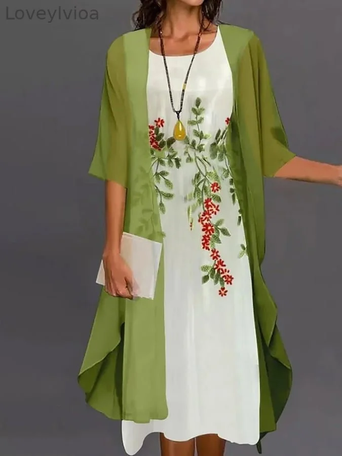 Women's Fashionable And Elegant Round Neck Short-Sleeved Floral Print Dress Two-Piece Set