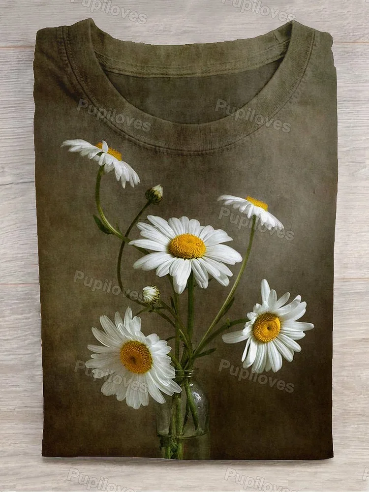 Pupiloves Pupiloves Unisex Floral Art Print Casual Round Neck Short Sleeve T-Shirt