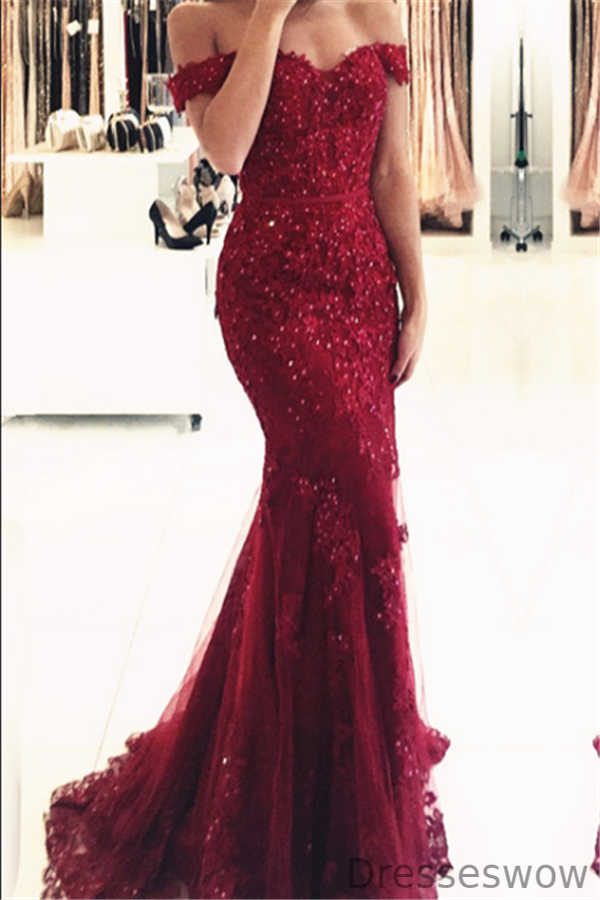 Dresseswow Off-the-Shoulder Mermaid Lace Appliques Long Evening Gowns