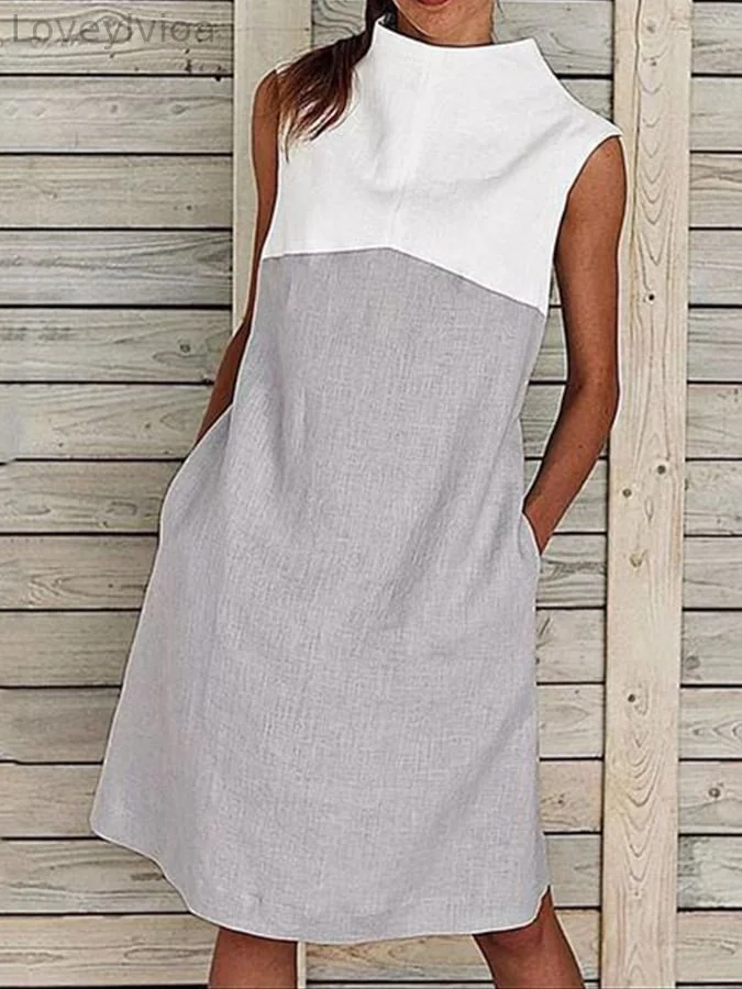 Women's Color Block Cotton And Linen Dress