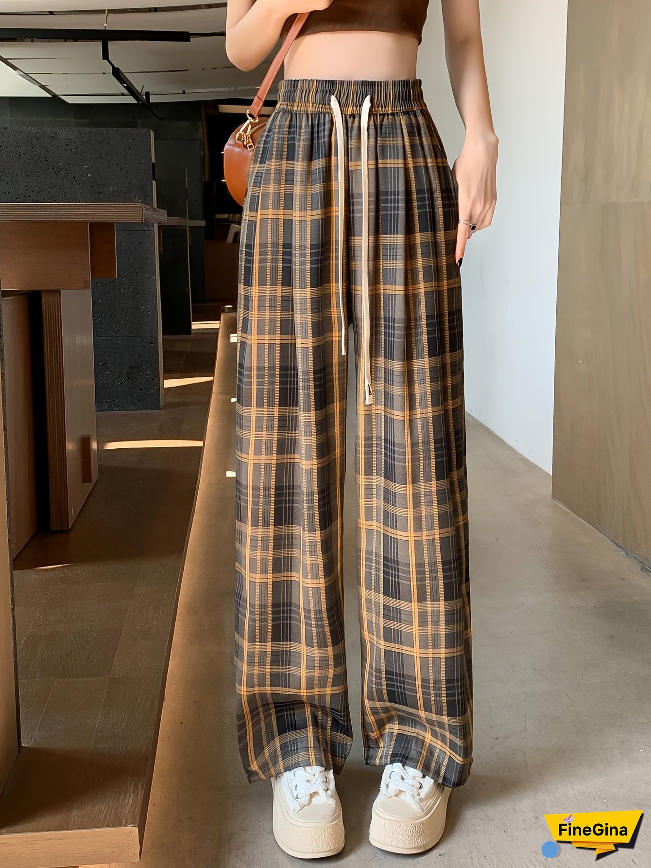 [Elegant Plaid Pants] Yellow & Black Plaid Print Women's High-Waisted Wide-Leg Pants | Polyester, Machine Washable, Spring/Summer Casual Elegant Trousers with Pockets