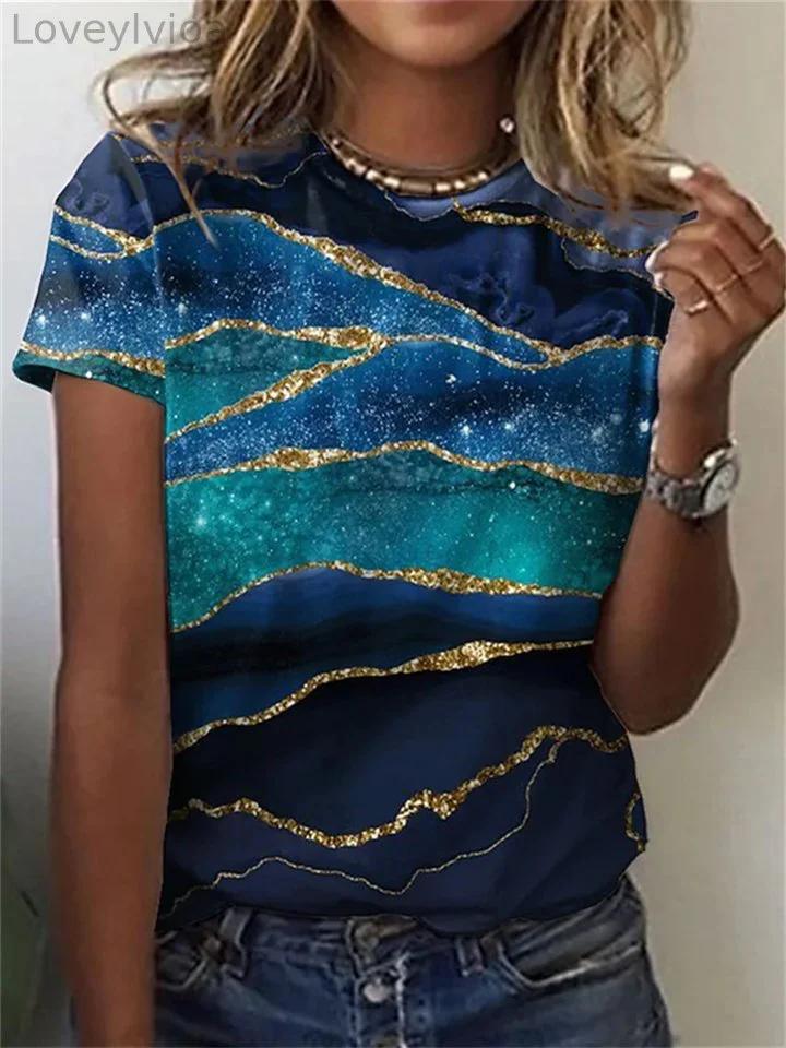 Women's T shirt Tee Blue Graphic Geometric Print Short Sleeve Casual Weekend Basic Round Neck Regular Abstract Painting S / 3D Print