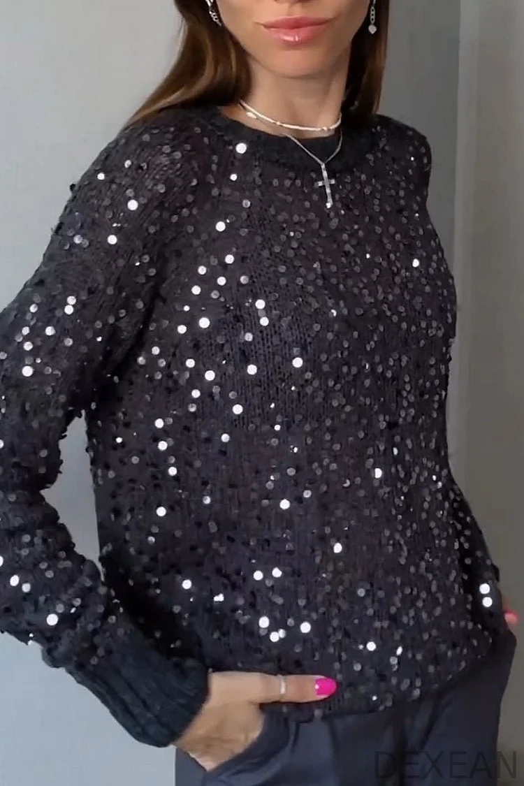 Women's round neck loose fashion sequined woolen top