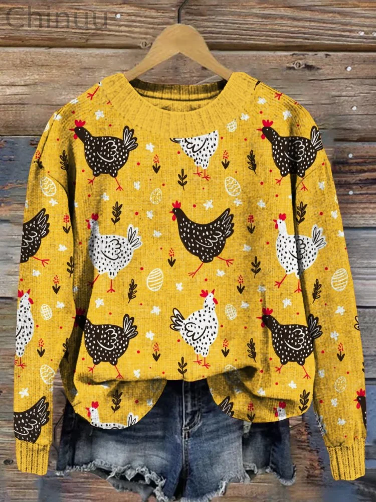 Cute Chicken Graphic Vintage Cozy Knit Sweater