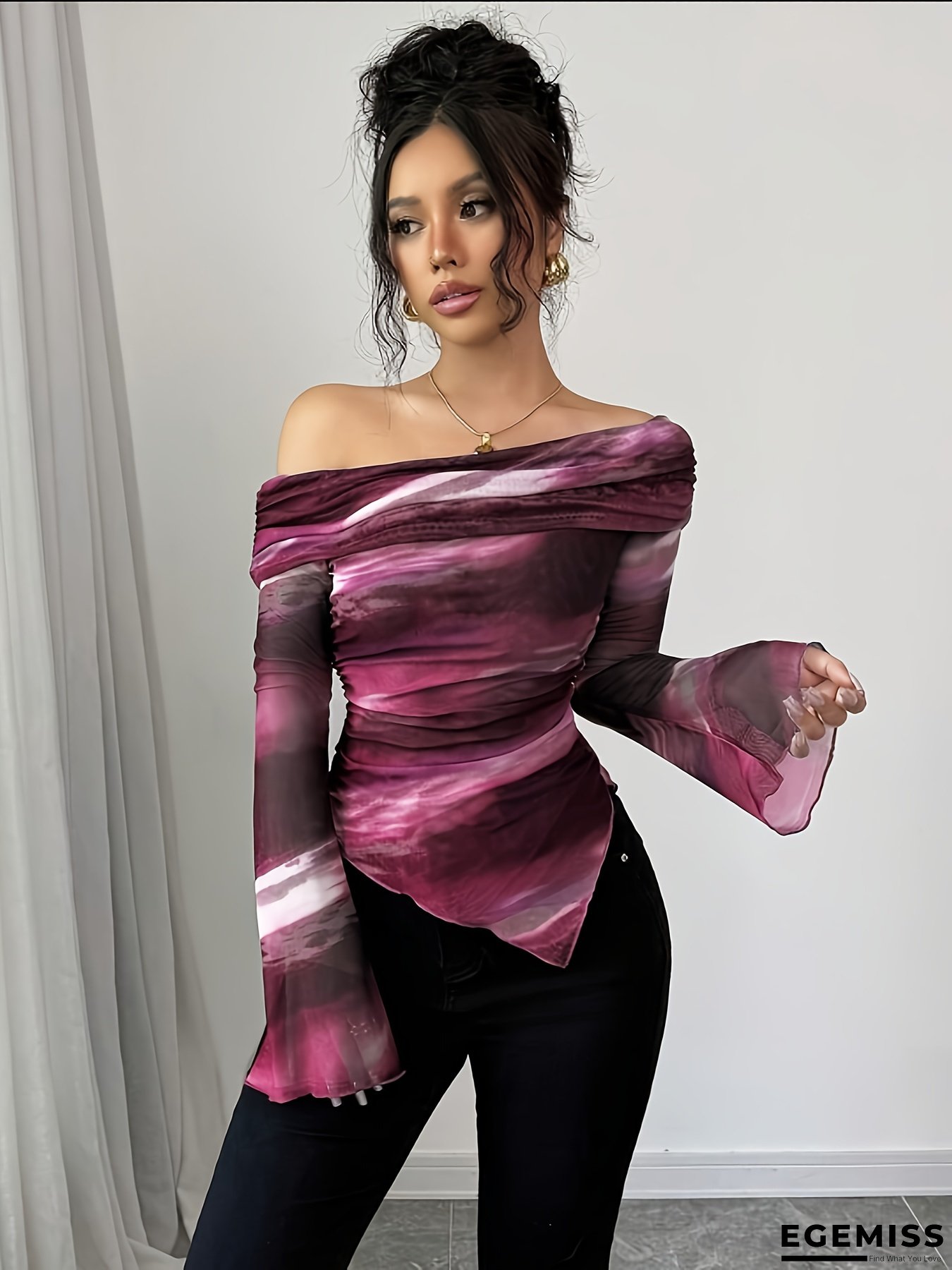 Women's Elegant Off-Shoulder Long Sleeve T-Shirt with Gradient Purple to Pink Ombre Design, Asymmetrical Hem, and Flowing Mesh Overlay - Stylish Casual Top for All Seasons, Versatile Fashion | Elegant Offshoulder | Asymmetrical Hemline, Ladies T Shirts | EGEMISS