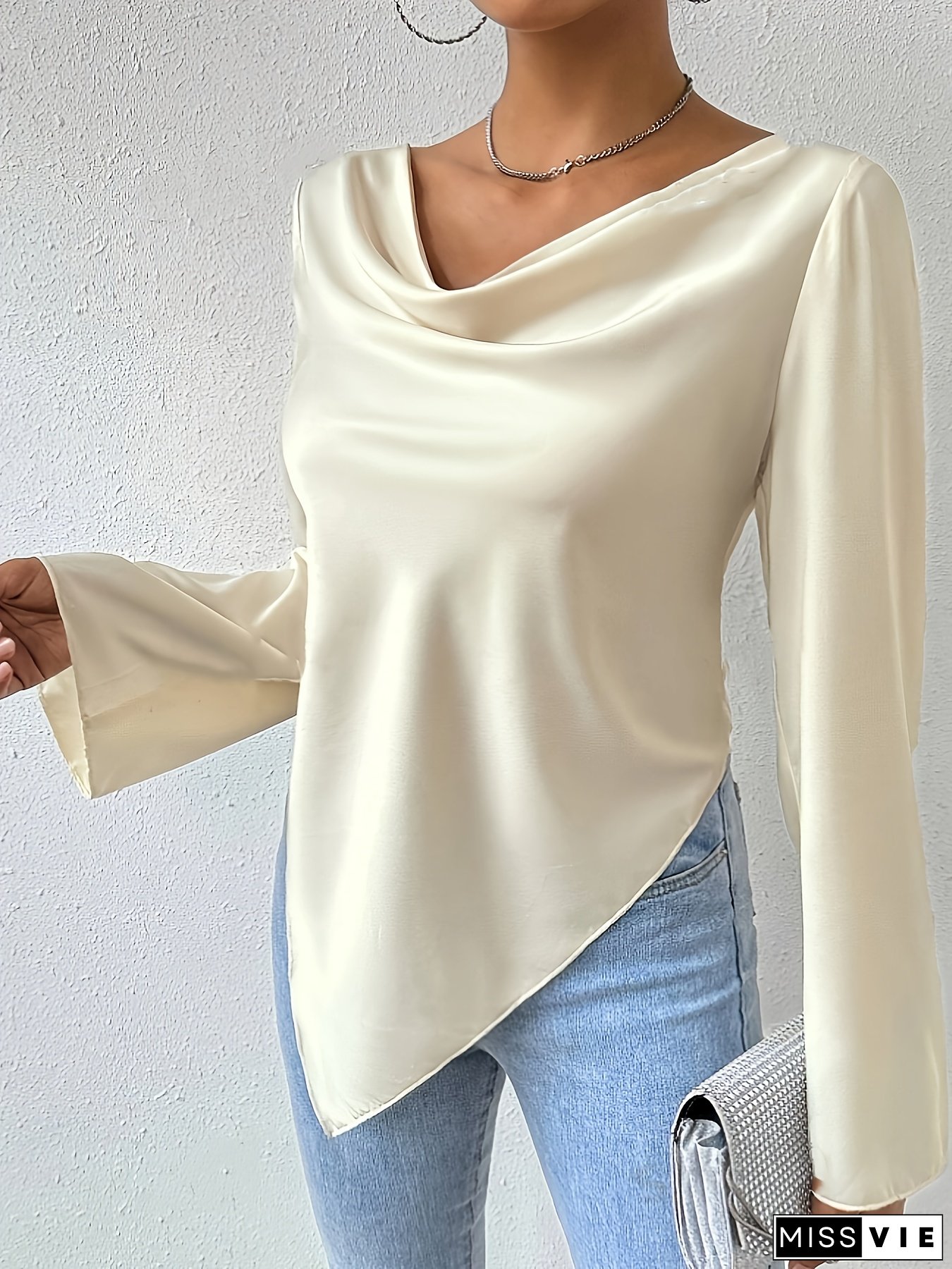 Women&lsquo;s Elegant Cowl Neck Long Sleeve Top, Polyester Woven Shirting, Solid Color, 155g/m&sup2; Fabric Weight, Perfect for Spring/Fall - Adult Fashion