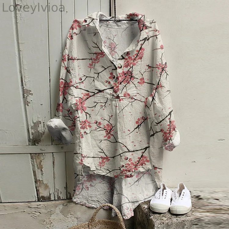Vintage Plum Print Long Sleeve Casual Shirt