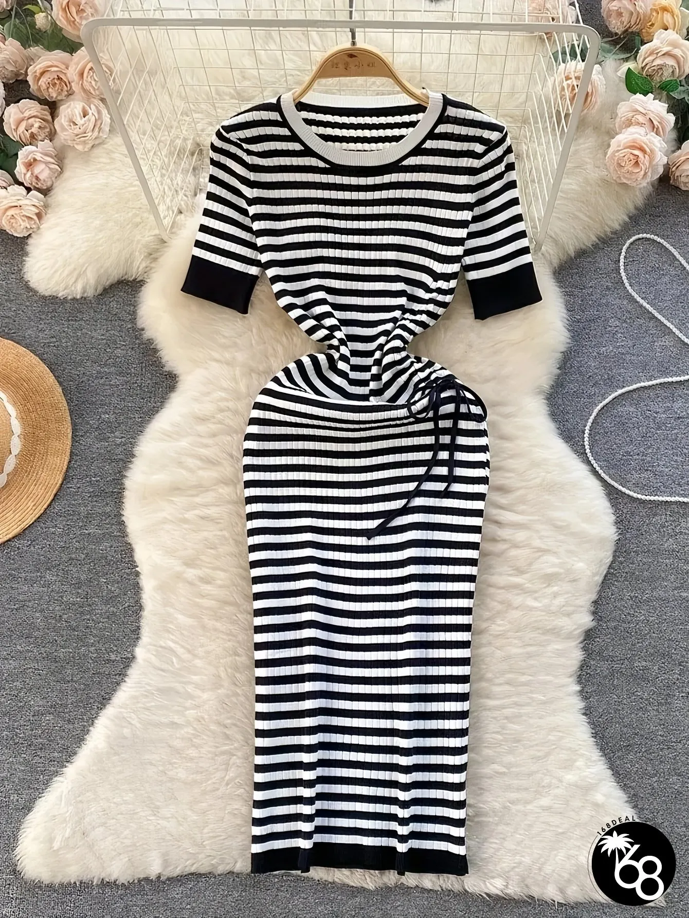 Womens Elegant Striped Knit Dress Viscose Long Length Round-neck Office Casual | 168DEAL
