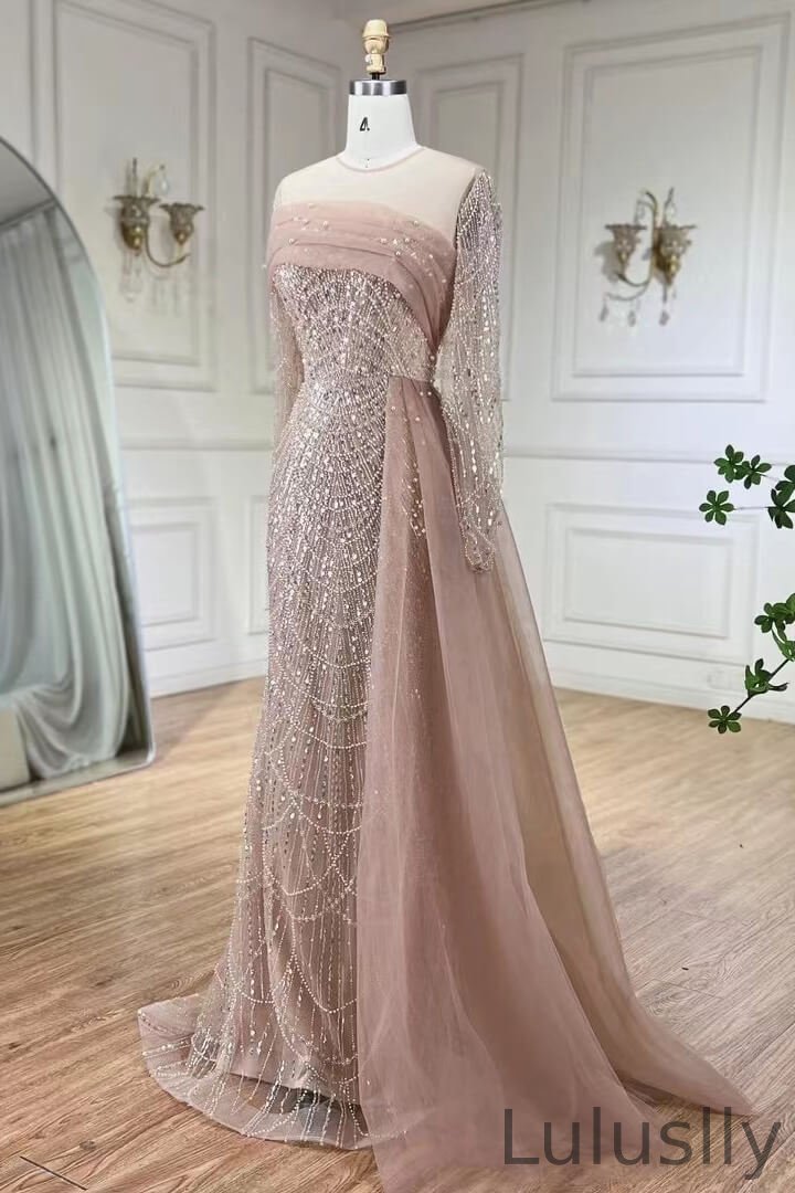 Luluslly Scoop Mermaid Formal Prom Dresses With Beadings Pearls Ruffles Long Sleeves