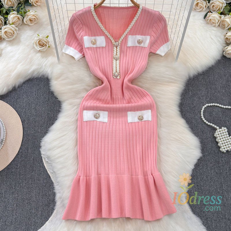 IO Dress Summer Patchwork V-neck Slim Midi Dress Fashion Ruffled Edge Pleated Short Sleeve Women Vintage Wrap Hip Knitted Vestidos Y2k