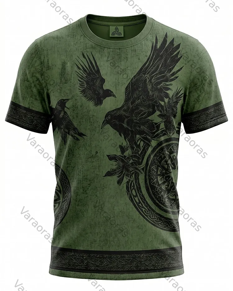Men's Fashionable Viking Contrast Color Raven Print T-shirt 6959