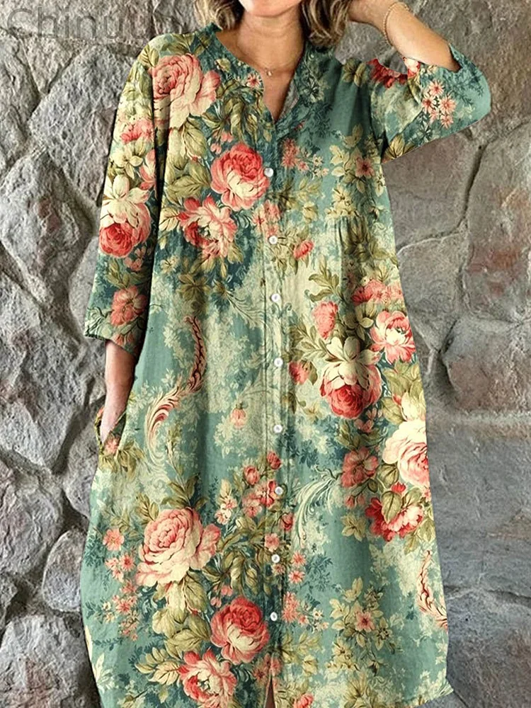 Women's  Floral Art Print Elegant Simple  Cotton Shirt Dress