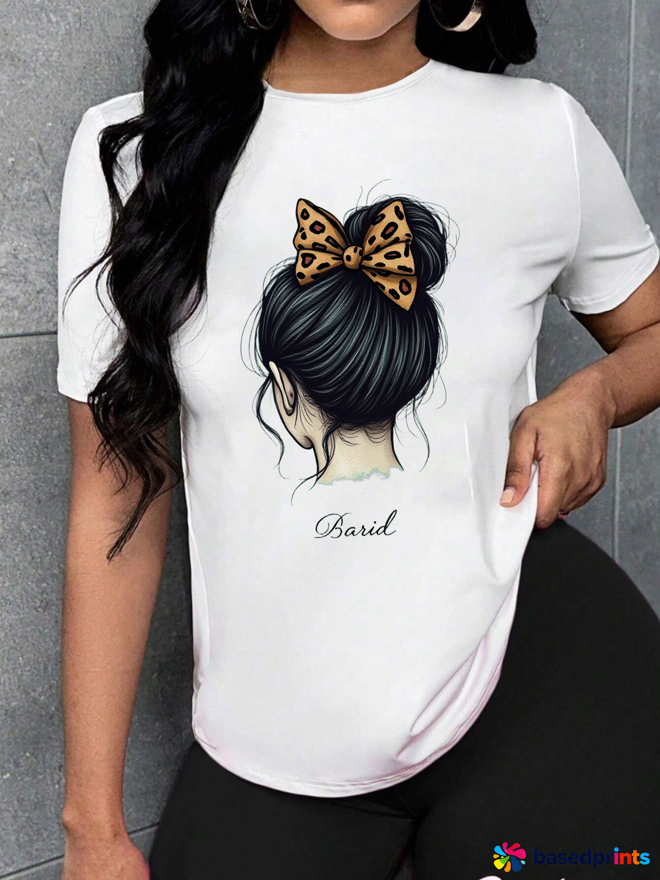 White Short Sleeve T-Shirt with Leopard Print Bow Hair Design