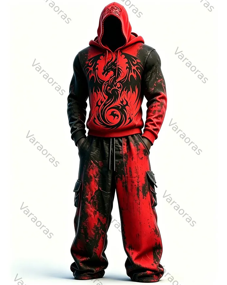Men's Fashion Contrast Colo Red Dragonr Embroidered Hoodie & Pants Two-Piece Set 9606