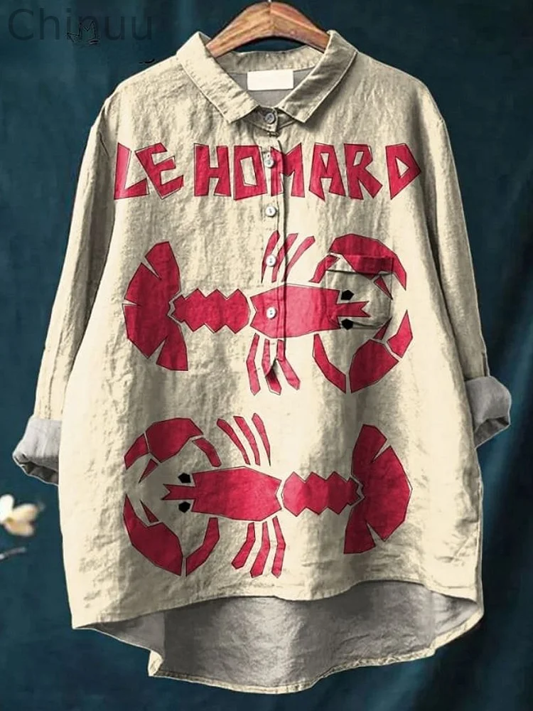 Vintage Lovely Lobster Pattern Art Print Casual Cotton And Linen Shirt