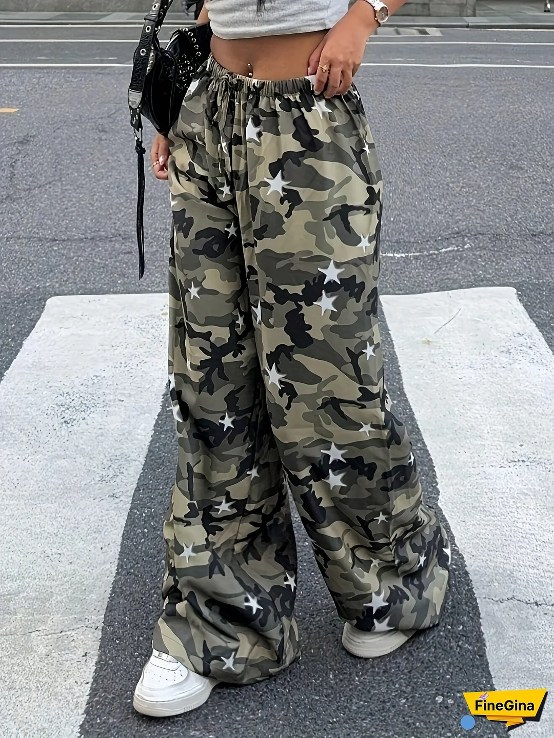 Spring, Summer, And Autumn Women's Star Camouflage Print Wide-Leg Pants, Floor-Length Trousers