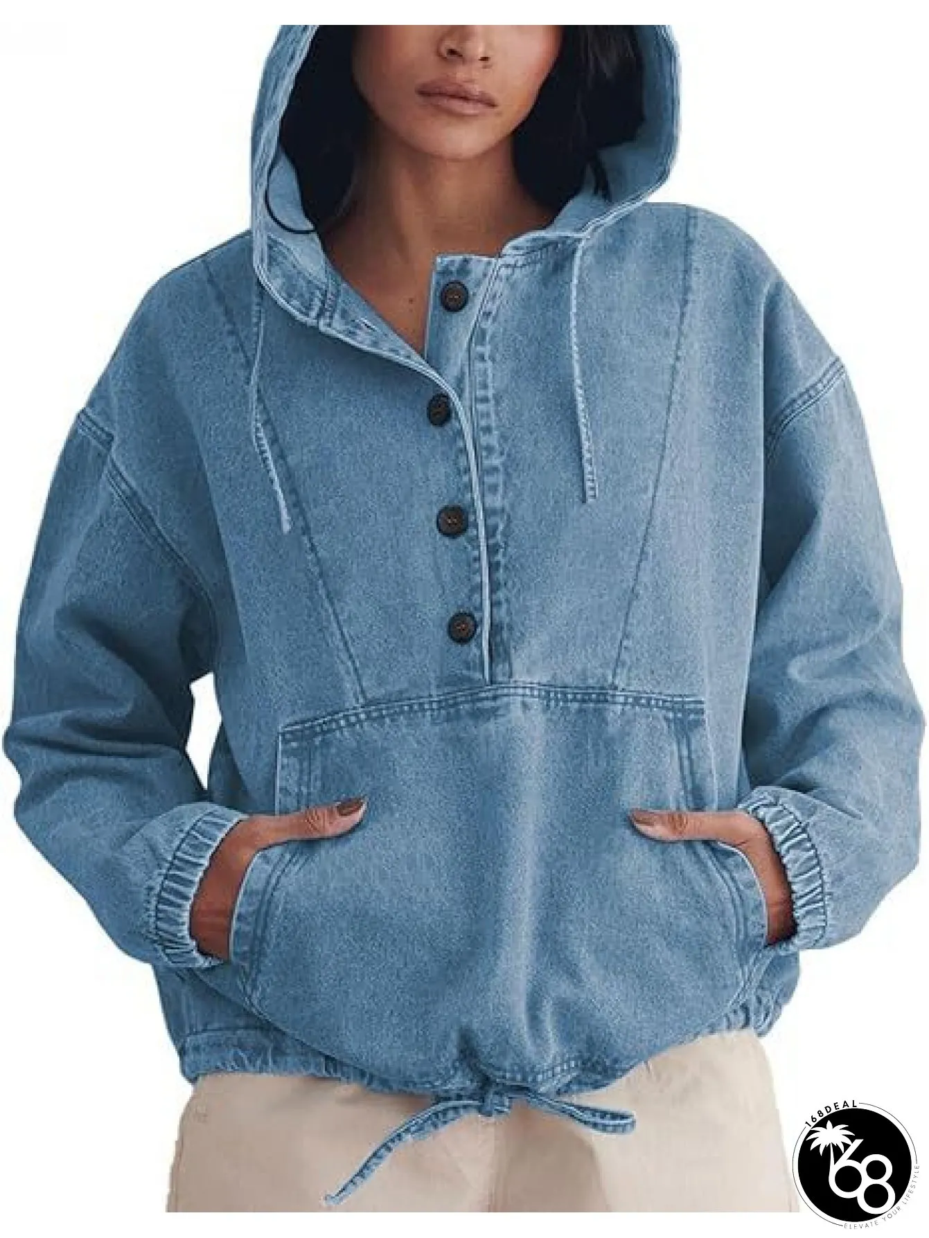 Womens Denim Hooded Jacket Casual Pullover Hoodie with Adjustable Drawstring Button-Up | 168DEAL