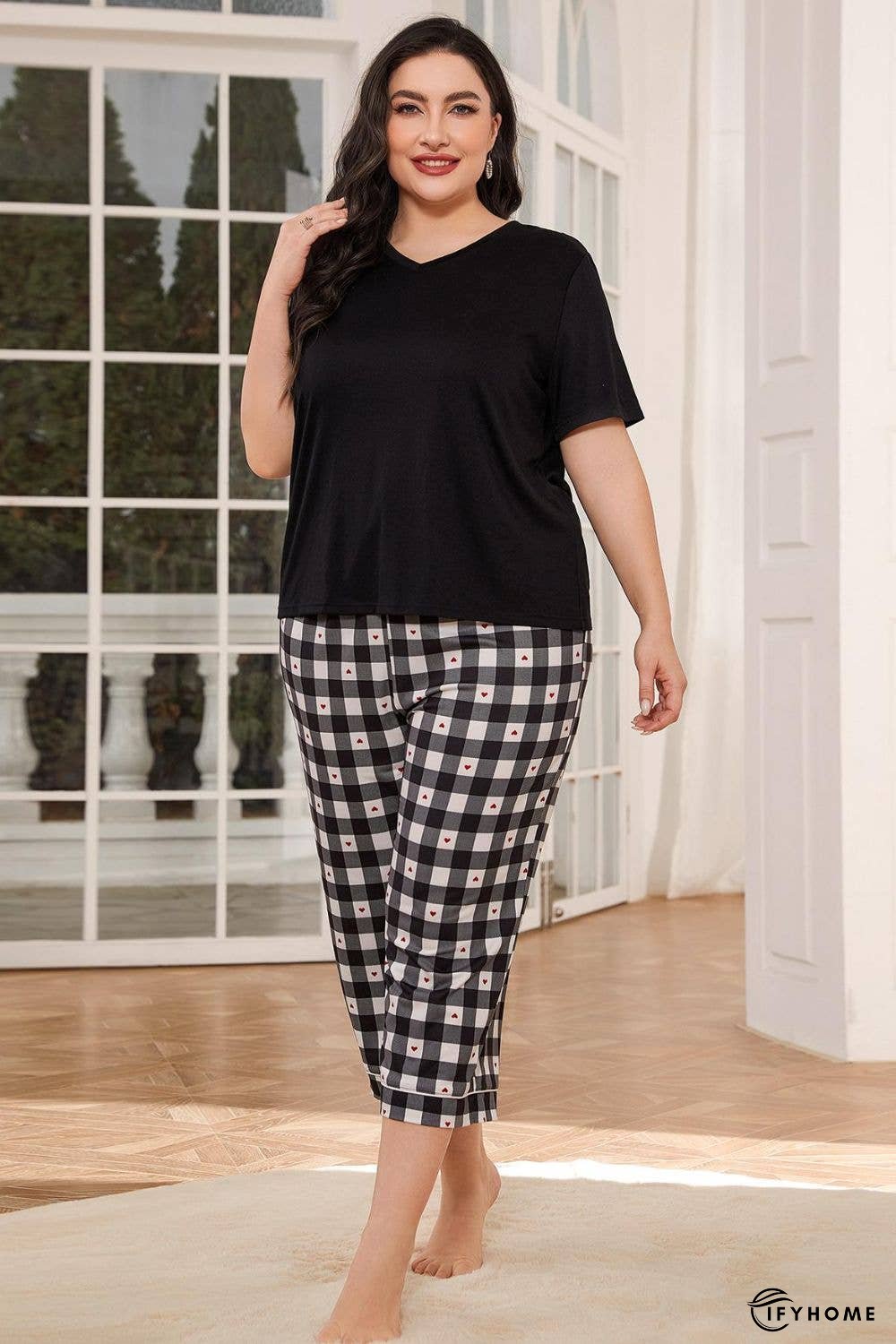 V-Neck Tee and Plaid Cropped Pants Lounge Set | IFYHOME