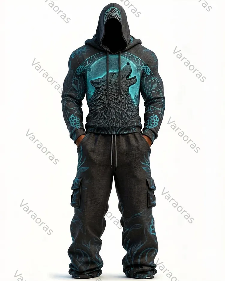 Men's Fashion Viking Contrast Color Embroidered Hoodie & Pants Two-Piece Set 3344