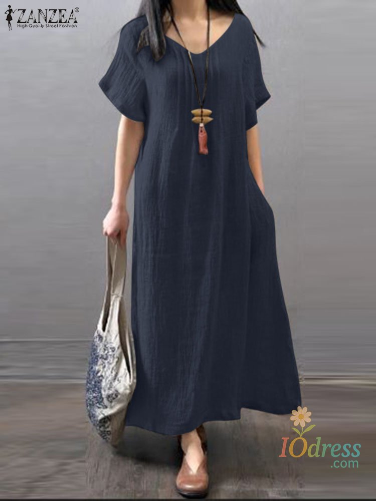 IO Dress Shop Women  V-Neck Dress Summer Solid Short Sleeve Sundress Fashion A Line Loose Dresses Party Robe Holiday Vestidos Oversize IO Dress