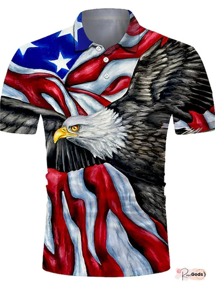 Lapel Button Polo Shirt Flag Eagle Print Short Sleeve Blue Yellow Gray S M L XL 2XL 3XL 4XL 5XL 6XL