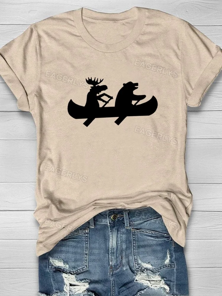 Eagerlys Elk Bear Rowing Boat Printed T-Shirt Eagerlys