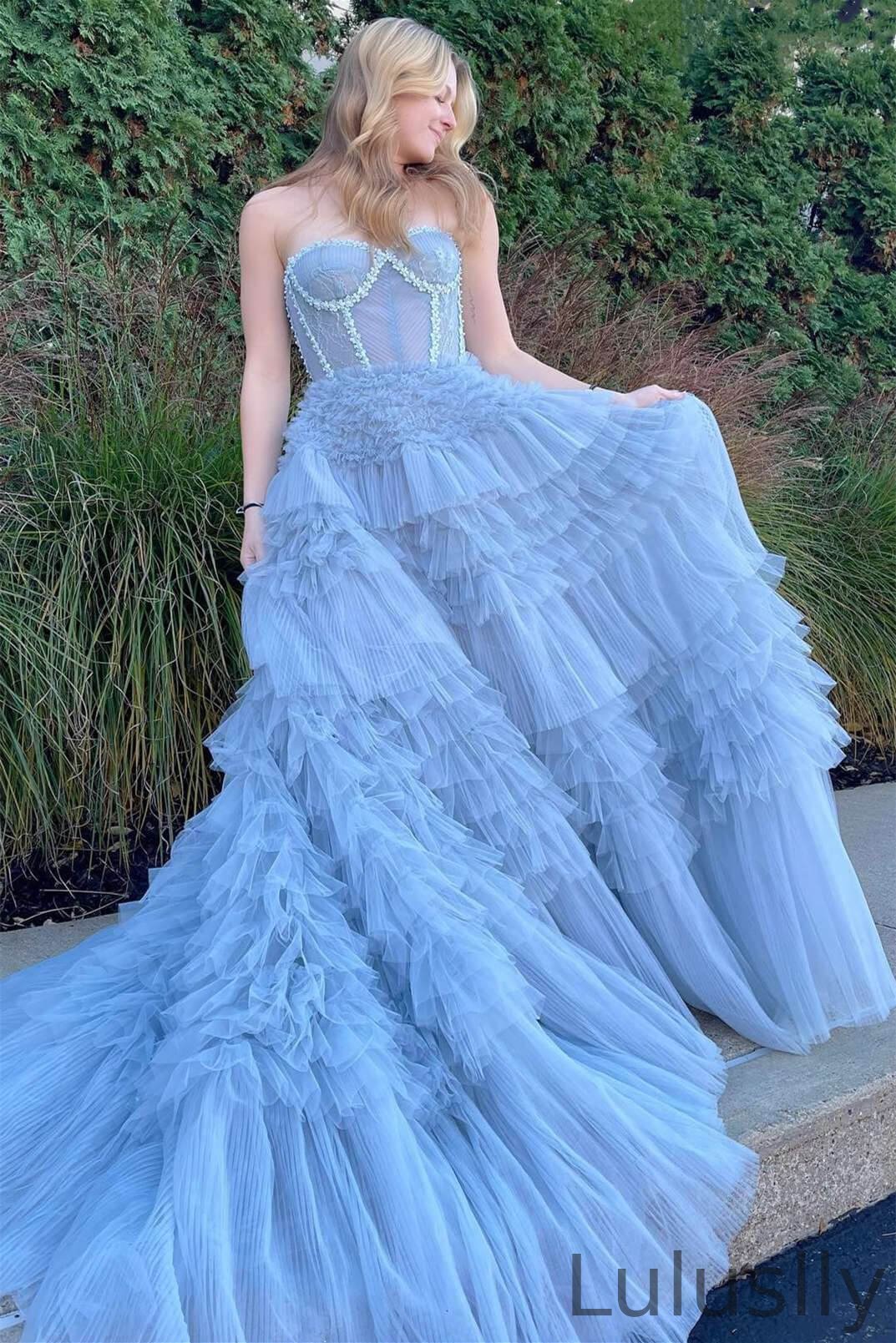 Luluslly Light Blue Sweetheart Sleeveless Mermaid Evening Gown With Tulle Layers