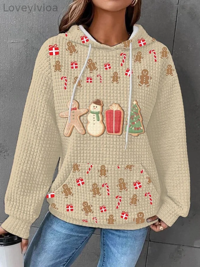 Women's Vintage Christmas Christmas Gingerbread Print Waffle Hooded Sweatshirt