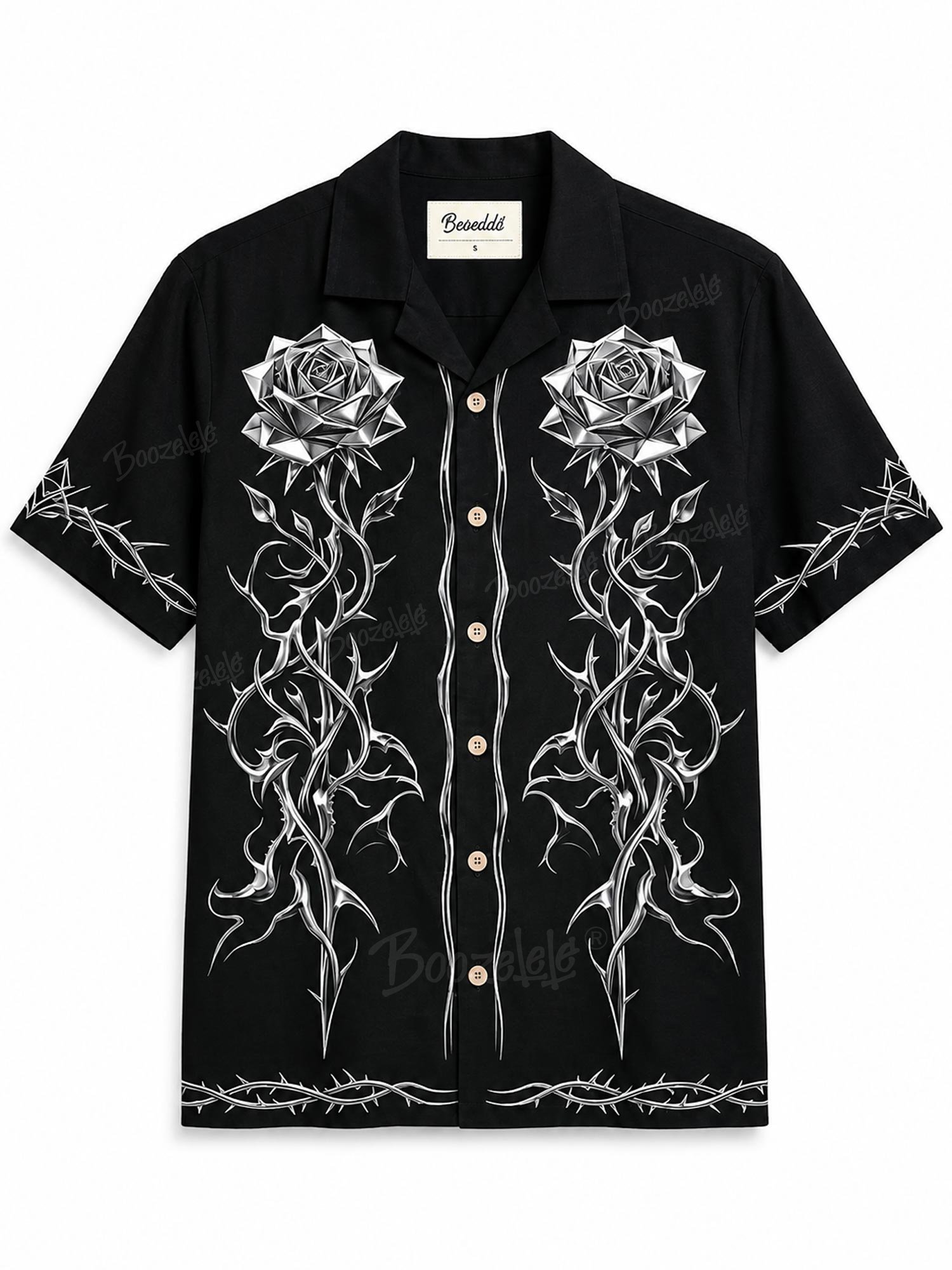 Perfect for a country music festival &mdash; Black, 2026 SS unisex gothic western metallic rose thorn print, 100% pure cotton, button-up shirt