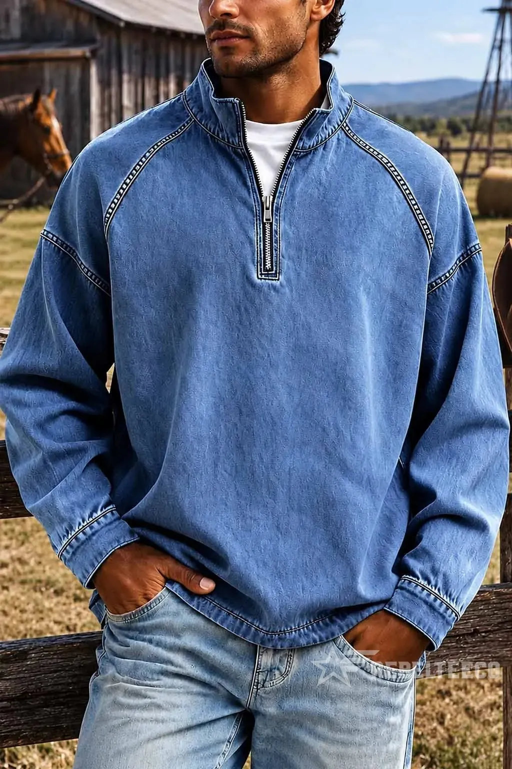 Blue vintage half-zip cotton pullover