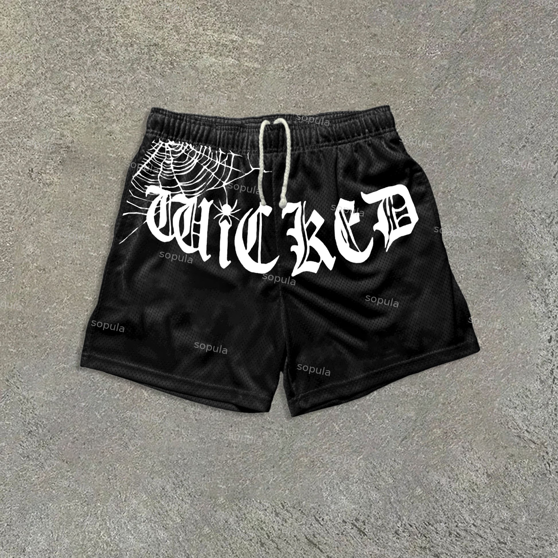 Sopula Spider Letter Print Graphic Mesh Shorts