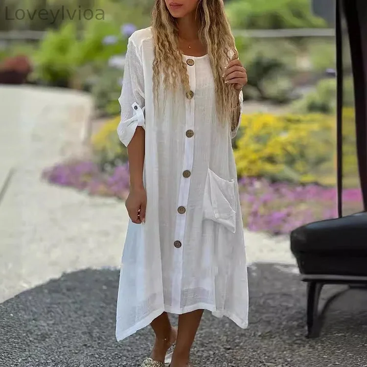 Single Breasted Solid Color Round Neck Long Sleeved Maxi Dress