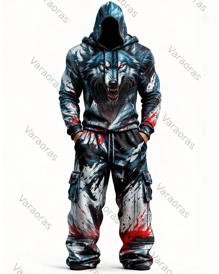 Men's Fashion Viking Contrast Color Wolf Embroidered Hoodie & Pants Two-Piece Set 1638