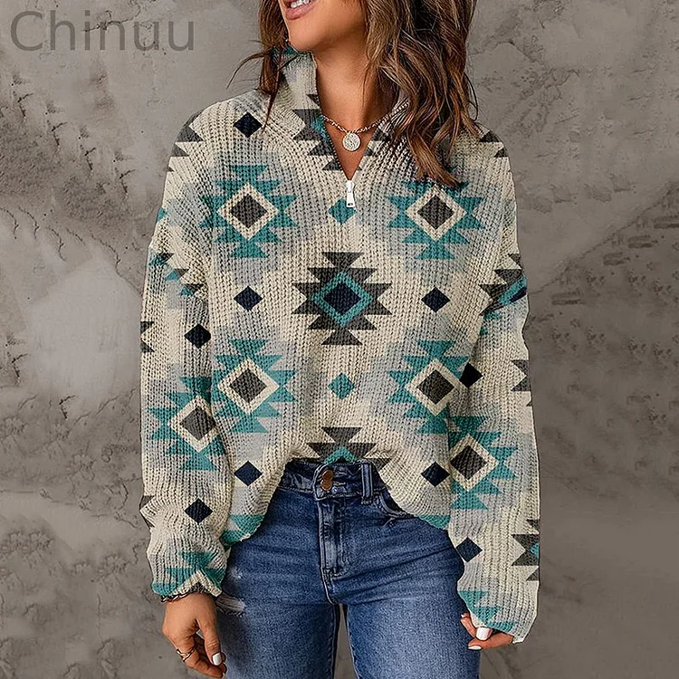 Women's Retro Ethnic Print Zipper Collar Sweater