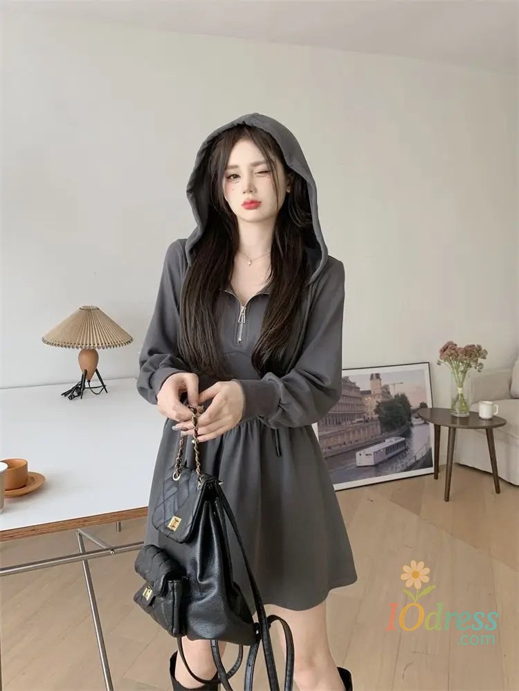 IO Dress Black Oversized Hoodie Dress Women's Casual Waist-Cinching Mini Skirt A- Line Short Dress Autumn Winter plus Size Elegant Slimmi