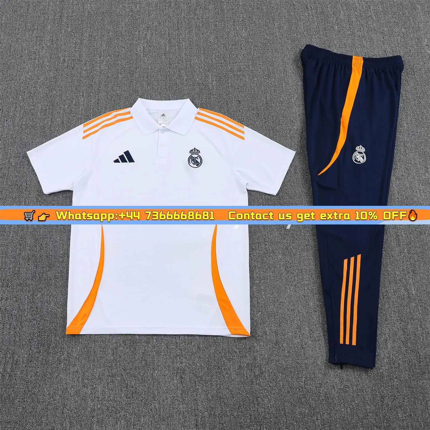 Real Madrid 25-26 POLO Short-Sleeve Training Set - White Top and Deep Blue Pants