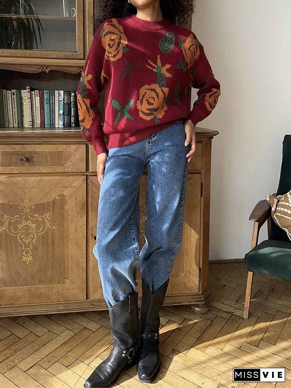 Long Sleeves Loose Flower Print Round-Neck Pullovers Sweater Tops