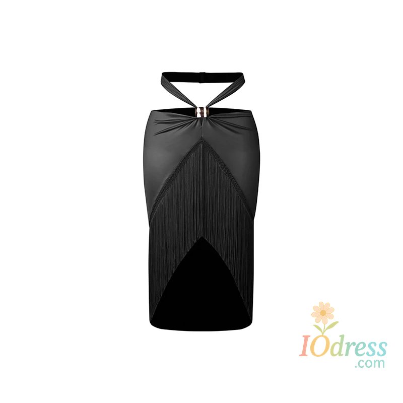 IO Dress Adult Latin Dance Dress Clothes Women Satin Halterneck Bodysuit Top Fringed Skirt Cha Cha Rumba Training Performance Set Costume