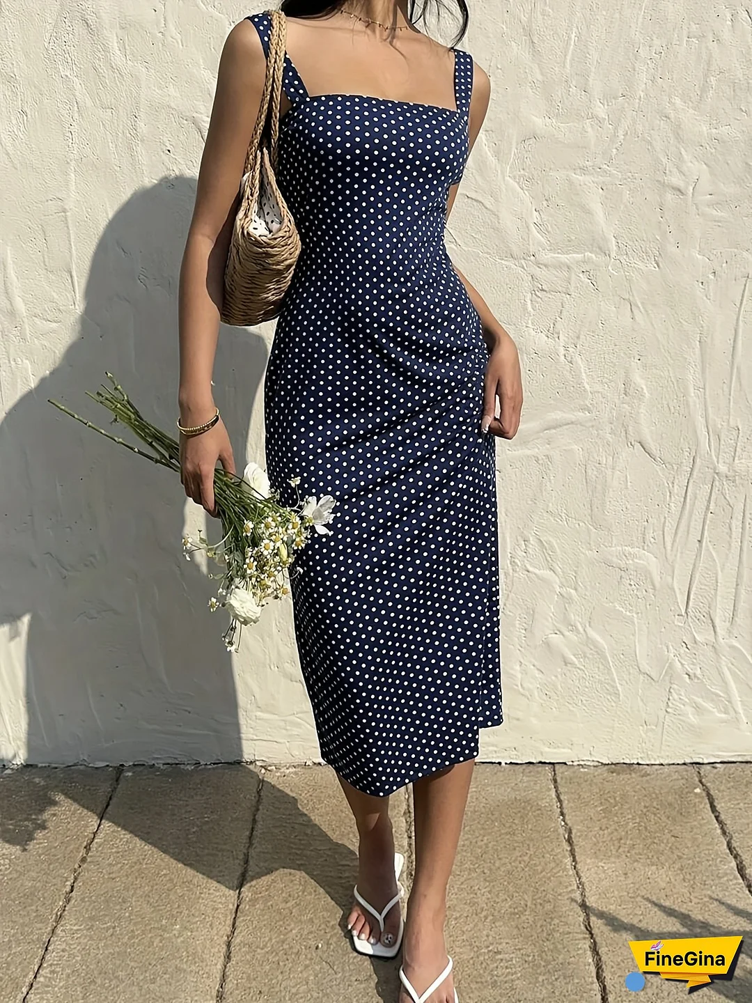 Women's Elegant Off-Shoulder Polka Dot Dress - Breathable Stretchy Spaghetti Strap Summer Dress With Flared Skirt, Machine Washable For Casual & Formal Occasions, Spaghetti Suspender Dress, Versatile Fashion, Elegant Style, Comfortable Fit