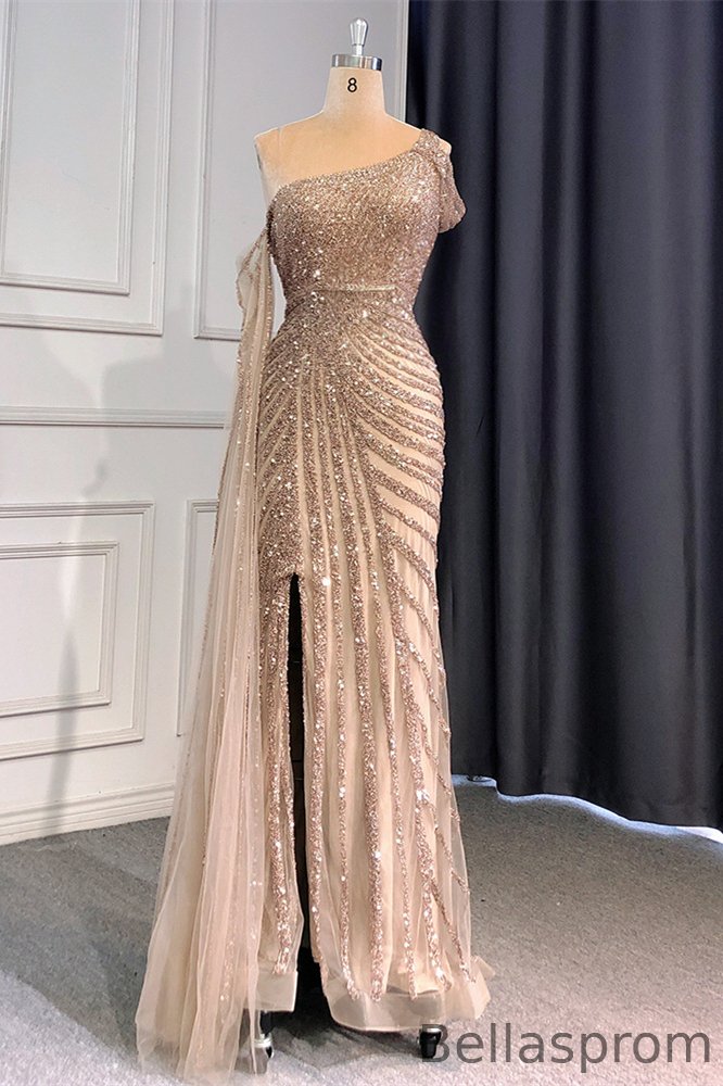 Bellasprom One Shoulder Mermaid Prom Dress Sequins Beadings Split With Ruffle Bellasprom