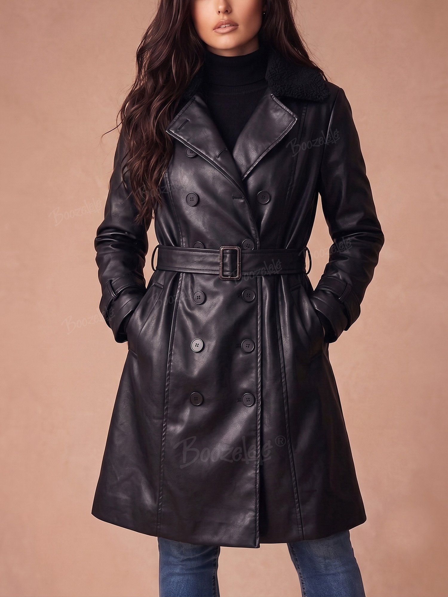 Western Outfits &mdash; Obsidian Black Double Breasted Shearling Collar Leather Jacket